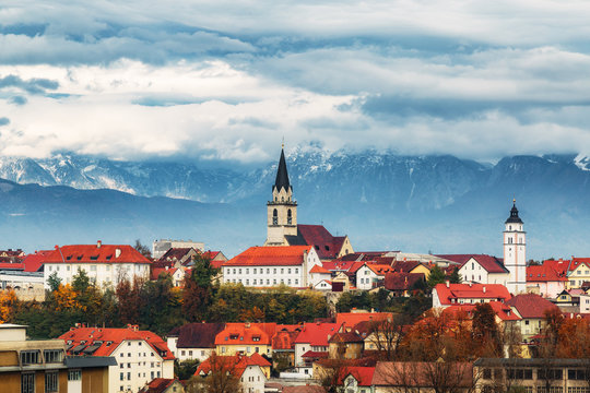 ranj city scape, Slovenia. Alps at background. Autumn scenery.