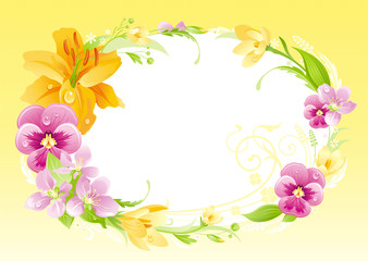 Spring summer background. Easter, Mother day, Birthday, Anniversary, Wedding invitation. Flower frame lily, pansy flyer. Isolated wreath. Nature border, flat vector illustration. Holiday greeting card