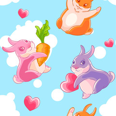 Seamless pattern with funny bunnies on a background of clouds and blue sky. Hearts.