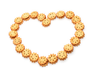 Heart shape by flower jam cookies on white background