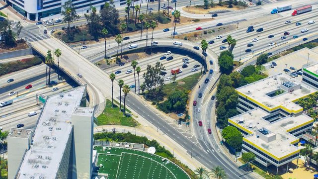 Timelapse Overview of Traffic Jam at Freeway Ramp in Los Angeles -Tilt Up-
