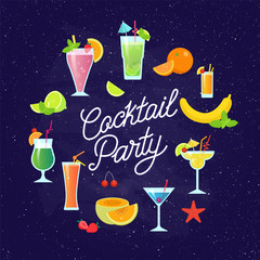 Set of tasty colorful cocktails vector flat design isolated on white background. Summer cocktails and fruits vector banner on dark background.