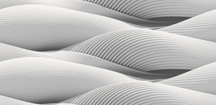 White lines, waves, curved surface illuminated by light. Seamless texture of abstract bionic forms. 3d rendering.