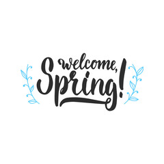 Hello, spring - hand drawn lettering phrase isolated on the white background. Fun brush ink inscription for photo overlays, greeting card or t-shirt print, poster design.