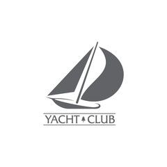 Black and white graphic yacht club, sailing sport logo template with wind filling the sails, vector illustration isolated on white background. Graphic yacht, sail boat logotype, logo design