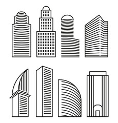 Obraz premium Isolated black and white color skyscrapers in lineart style icons collection, elements of urban architectural buildings vector illustrations set.