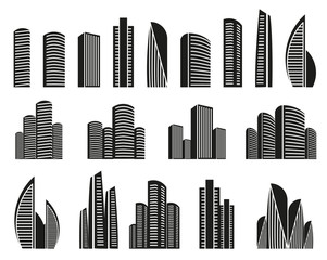 Isolated black and white color skyscrapers in lineart style icons collection, elements of urban architectural buildings vector illustrations set.
