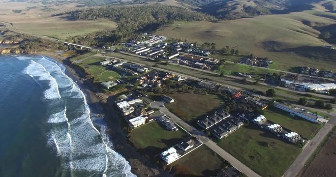 Cinema 4k aerial view on San Simeon town, at highway 1, ner Big sur coast, California, United states of america