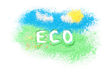 Logo, sign with eco ecology inscription of color sand with sky and grass