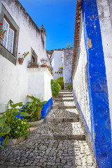 Fototapeta na wymiar Narrow White Blue Street 11th Century Mediieval City Obidos Portugal