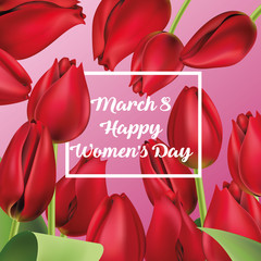 March 8, International Women's Day happy. realistic red tulips, vector