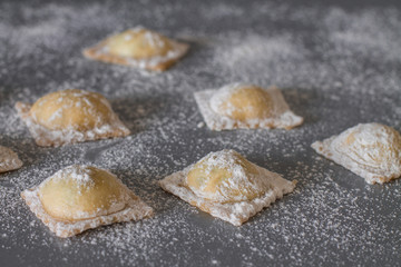 Uncooked homemade ravioli with spinach and ricotta cheese on gray kitchen table. 