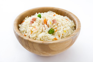 Fried chinese rice with vegetables isolated on white background
