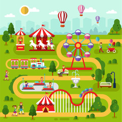 Flat design vector landscape illustration of spend time in amusement park. Air balloons, carousel, ferris wheel, roller coasters, attractions, train, people walking. Infographics map elements.