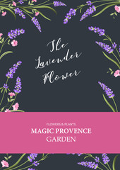 Invitation vertical card. Floral vertical template of design with blue frame of blooming flowers. Text place for your text. Vector illustration.