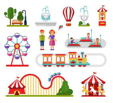 Flat design vector icons set of amusement park and attractions elements for infographic map design. Carousel, ferris wheel, roller coaster, train, cars, smiling boy and girl. Rest in the park concept.