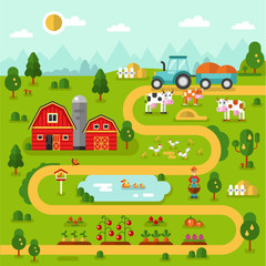 Flat design vector landscape illustration of farm map with barn, garden, tractor, road, beds of carrot, tomatoes, pumpkin, cow, duck, chicken. Farming, agricultural, organic concept.