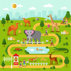 Obraz na płótnie Canvas Flat design vector illustration of animals in the Zoo, infographics map concept. Elephant, fox, giraffe, deer, camel, rabbit, turtle, crocodile. Boys and girls walking and feed them.
