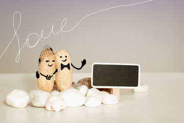 Forever love idea. Two peanuts with drawn faces hugging on pink vanilla background. Family, love, wedding, anniversary, travel honeymoon or taking care concept. Template mock up chalkboard copy space