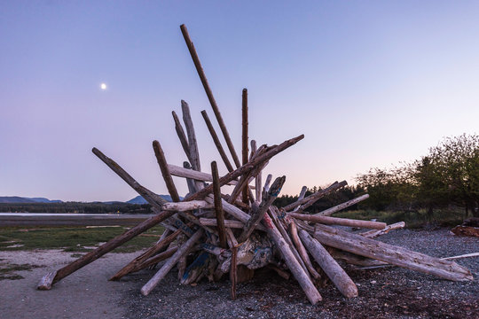 Stacked driftwood logs on beach at dusk, Rathrevor Beach Provincial Park, Vancouver Island, British Columbia, Canada