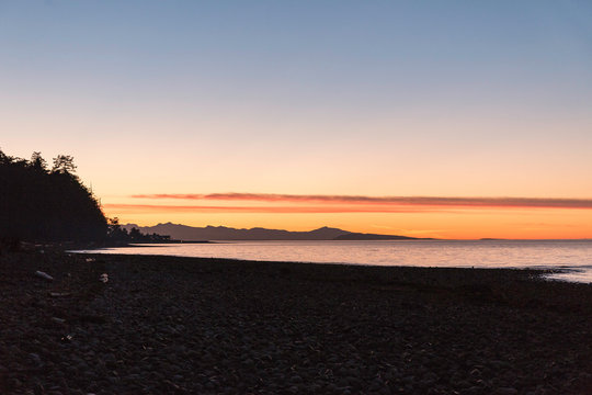 Beach at sunset, Rathrevor Beach Provincial Park, Vancouver Island, British Columbia, Canada