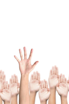 Business crowd raising hands high up on white background. Concept Business / Question / Ask.