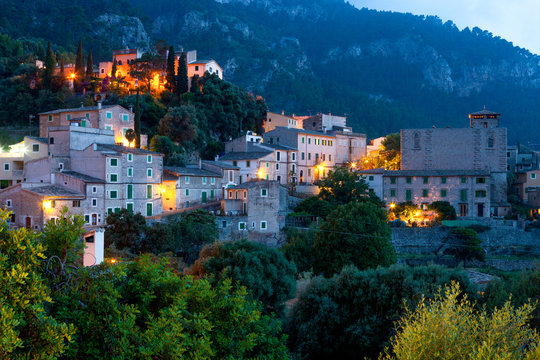 Estellencs village at dusk, La Tramuntana mountain range, Majorca, Spain