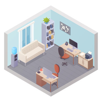 Isometric Office Interior With Two Workplaces 