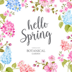 Spring time concept of card with blooming flowers isolated over blue background. Vector illustration.