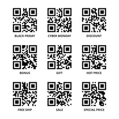 Sale, discount, black friday and other promotional QR codes set. Quick response barcodes with advertisement and special offer texts encoded in it. Ready to scan. Vector eps8 illustration.