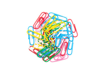 Colored paper clips macro close up isolated on a white background