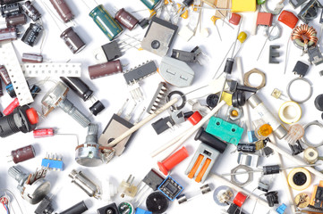 Electronics parts and components on a white background
