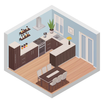 Isometric Kitchen Interior With Cooking And Dining Zones  