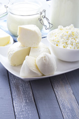Dairy products curd cheese Milk Yogurt natural products wood background
