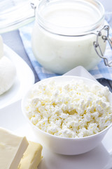 Dairy products curd cheese Milk Yogurt natural products wood background
