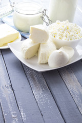 Dairy products curd cheese Milk Yogurt natural products wood background
