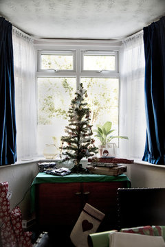 Artificial christmas tree in bay window