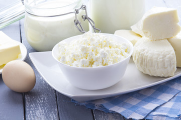 Dairy products curd cheese Milk Yogurt natural products wood background
