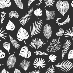 black and white palm leaves vector background, seamless trendy tropical pattern design