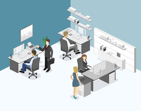 Flat 3d isometric abstract office floor interior departments concept.