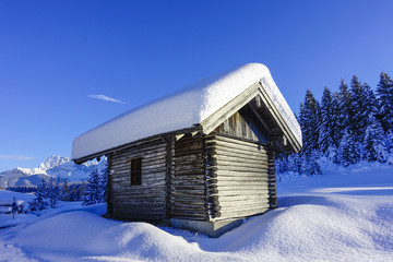 Chalet in a snow landscape at Elmau, Upper Bavaria, Bavaria, Germany, Europe