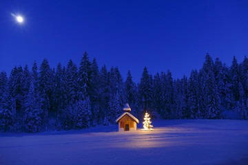Illuminated Christmas tree in front of a chapel in winter, Bavaria, Upper Bavaria, Germany, Europe