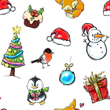 Seamless winter holiday pattern with Christmas elements