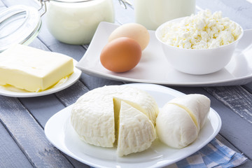 Dairy products curd cheese Milk Yogurt natural products wood background
