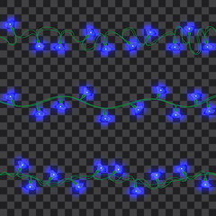 Set of blue shining garland lights with holders isolated on transparent background. Christmas, New Year party decoration realistic design elements. Glowing lights for Xmas. Holiday greeting design.