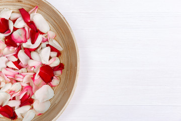 Petals of red, pink roses on white painted rustic background. Fresh natural flowers in bowl. Dirty grunge wooden board.