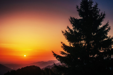 Obraz premium colorful sky with sun background in mountains. sunset, sunrise. 