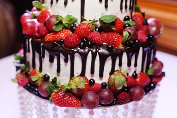 naked tiered cake with fruits and berries, and with figures of the bride and groom