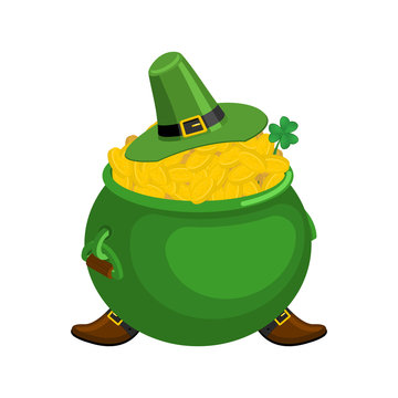 St. Patrick's Day. Leprechaun green hat and pot of gold. Magic dwarf and boiler of golden coins. National Holiday in Ireland. Traditional Irish Festival