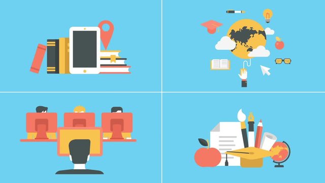 Education and e-learning in out animated flat design icons set.